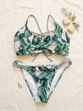 La Vie En Rose Aqua Tropical Palm Leaf Bikini Set | Top Medium / Bottoms XS